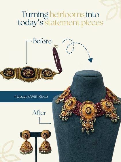 A timeless old necklace with outdated meena was reimagined into this graceful ruby and jhumka set. The final piece is a masterpiece that our client fell in love with, perfect for her big day.