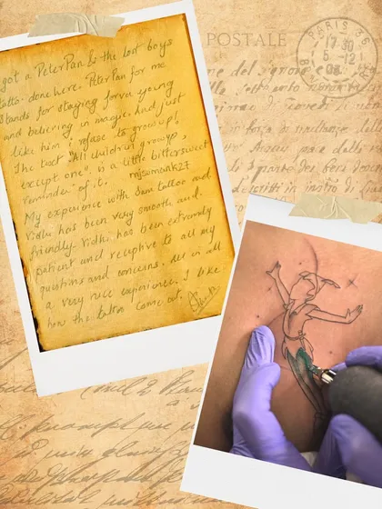 Suman's handwritten note about his Peter Pan tattoo, a symbol of staying young at heart and believing in magic.