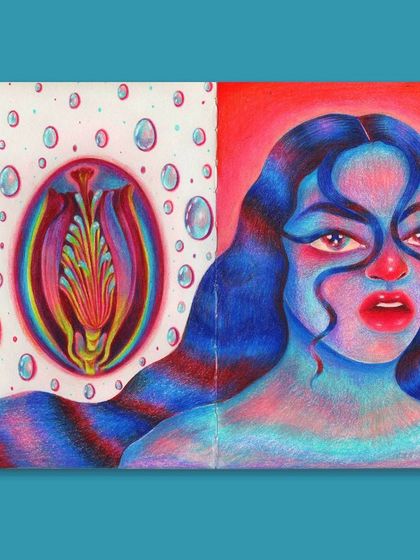 A sketchbook spread with a surreal, colorful portrait and an abstract floral-like form.