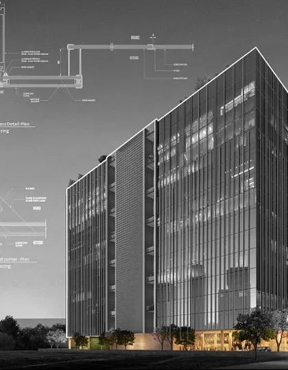 This design detail overlayed on a render shows the technical thought behind our commercial project in Mumbai. The drawing highlights the sliding door and glazing details that contribute to the building's sleek, modern aesthetic.