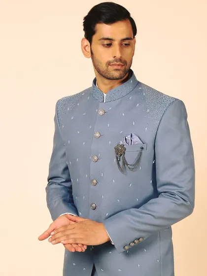 A detailed look at the shoulder and chest of my pastel blue Bandhgala, showcasing the intricate beadwork and the custom brooch. These small details elevate the entire outfit.