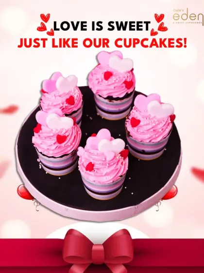 Love is sweet, just like our cupcakes! Our Valentine's special cupcakes are topped with adorable hearts.