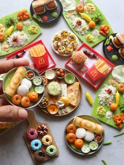 A fun flat lay of my most popular miniatures, including South Indian meals, vada pav, and donuts.
