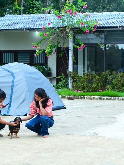 Making a new furry friend at our homestay in Sakleshpur. Our stays are often pet-friendly and full of pleasant surprises.