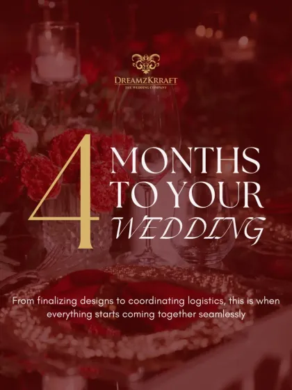 With four months to go, the vision starts becoming a reality. This is when I finalize decor designs, coordinate logistics, and bring together all the creative elements to ensure everything unfolds seamlessly on the big day.