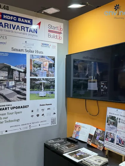 The complete setup of our booth at Pragati Maidan, New Delhi. Our presence at such a large-scale conclave helps us connect with potential clients and partners from across the country.