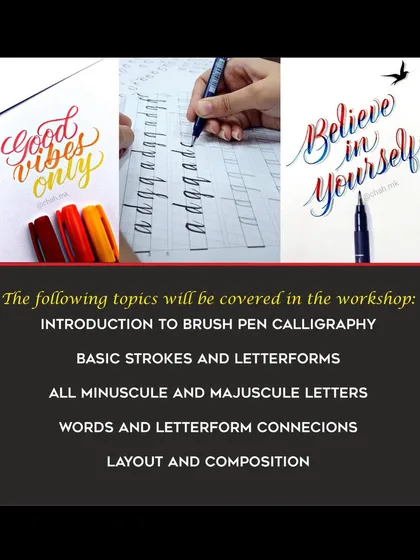 This image details the curriculum for my calligraphy workshop, from basic strokes and letterforms to layout and composition, ensuring a comprehensive learning experience.