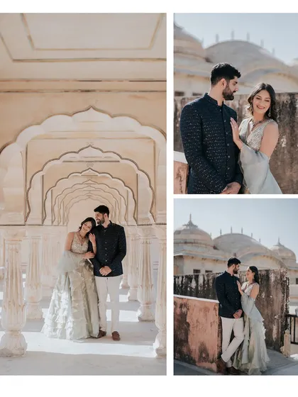 Navi and Diljot framed by the beautiful scalloped arches at Amer Fort. These architectural elements provide perfect natural frames for elegant and classic couple portraits.