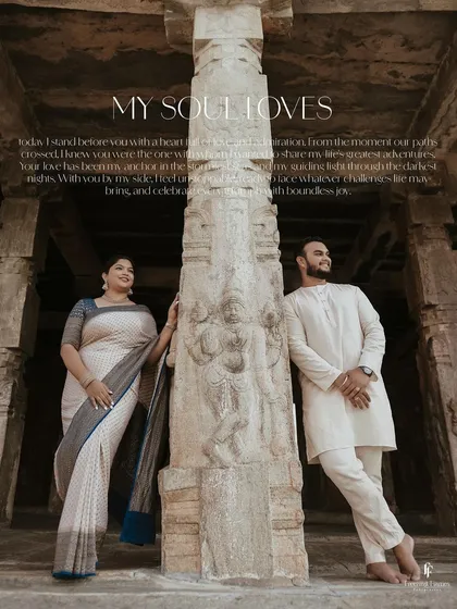 The couple stands proudly among the grand pillars of a temple. This shot uses the majestic architecture to frame their powerful connection and the new chapter they are beginning.
