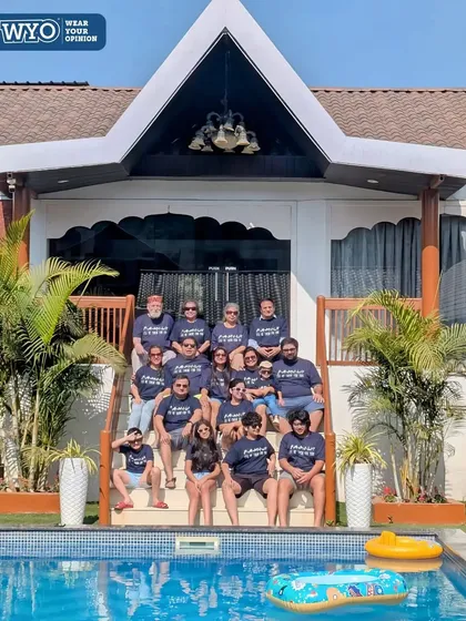Getting the whole family together for a vacation or reunion? I create matching custom t-shirts for large groups to make your event even more memorable. This family is rocking their personalized navy blue tees by the pool.