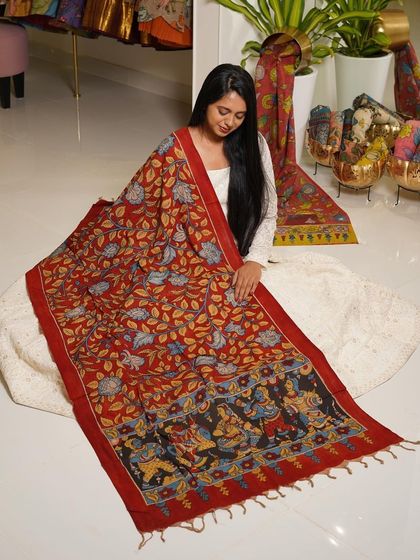 This is a glimpse into my Kalamkari Edition, featuring a wide array of hand-painted dupattas and fabrics from the Indralokam series. Each piece is a unique story, available for you to customize into your dream outfit.