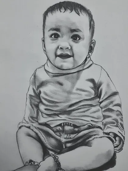 A realistic drawing of a baby, done as a commission work with graphite pencils. I focused on the soft features and wide eyes to create a cherished memory for the family.