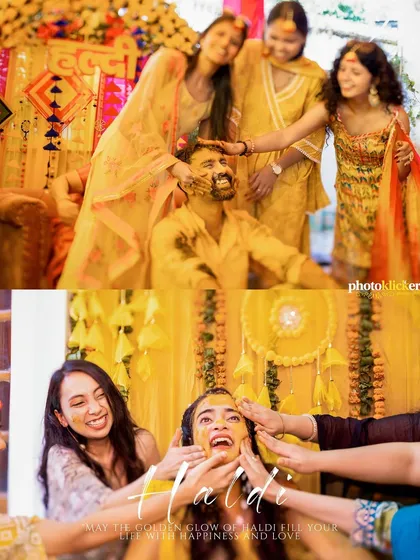 A collage highlighting the fun and laughter of the haldi, with both bride and groom being playfully covered in turmeric by their friends.