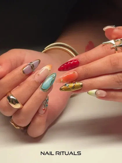 A close-up on the details. This image highlights the 3D textures and vibrant colors of this one-of-a-kind abstract set.