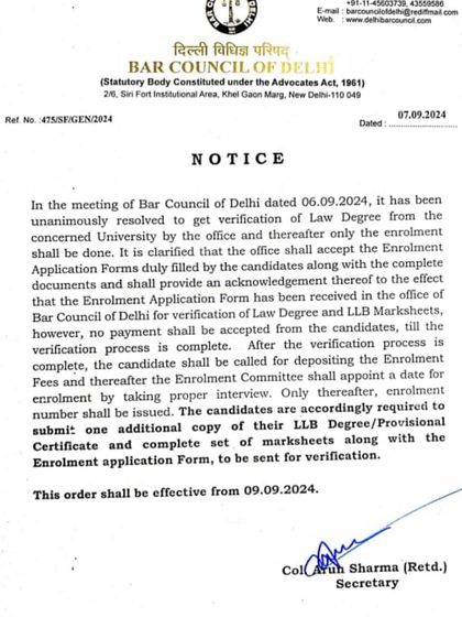 A notice from the Bar Council of Delhi regarding the new procedure for verification of law degrees before enrolment. This ensures the authenticity of all new entrants to the profession.