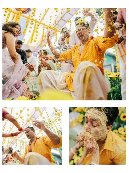 A collage showing the groom's reaction to the Haldi application, a mix of fun and chaos.