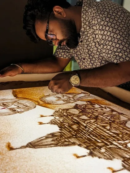 In the zone, working on a detailed sand art of the Ayodhya Ram Mandir. Sarkar tumhai se hai.