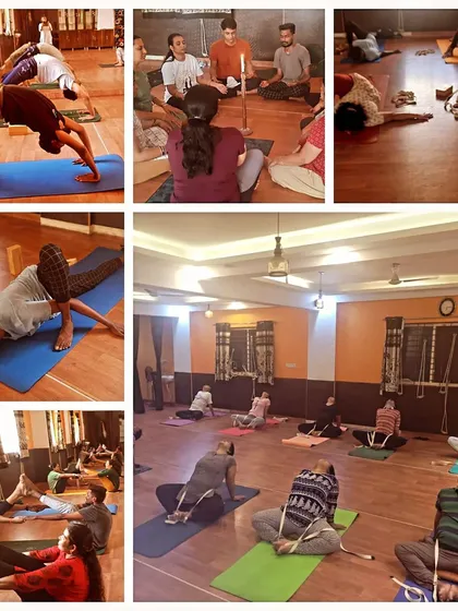 A collage showing the variety of activities in my Hatha yoga classes. From partner work and prop use to meditation and advanced asanas, there is something for everyone.