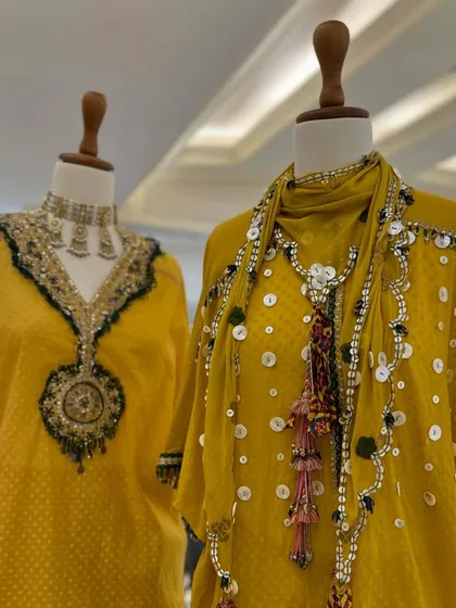 A close-up on the details of these yellow kurta sets, showing the mirror work and shell-adorned dupattas that add a touch of bohemian flair.
