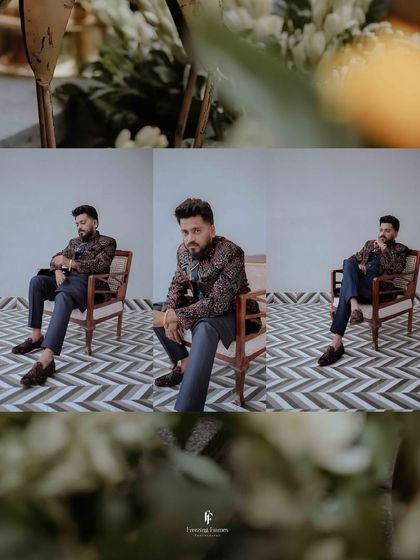 A triptych of the groom in a patterned sherwani, posing in a modern, well-lit space.