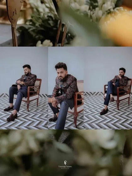 A triptych of portraits featuring the proud new father. The various poses capture his personality and style on this important family occasion.