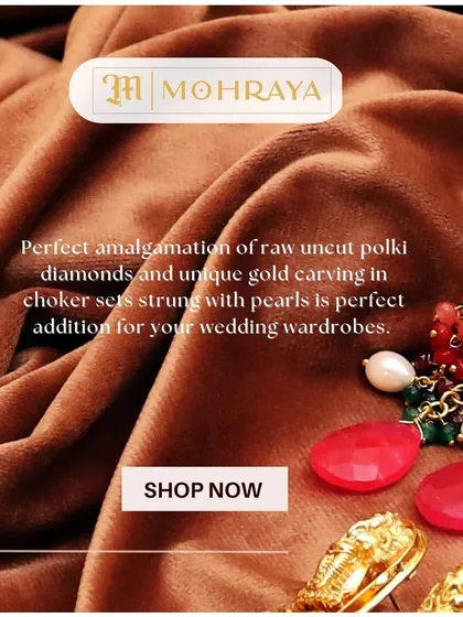 A graphic highlighting the perfect amalgamation of raw uncut polki, gold carving, and pearls in our choker sets.