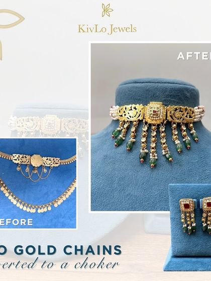 Two simple gold chains were converted into this elegant choker and earring set. We used the centerpiece of one chain and the texture of the other to create a completely new design with added kundan and emerald drops.