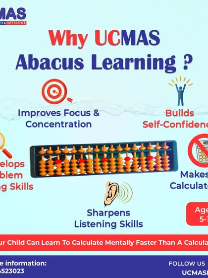 Why choose UCMAS Abacus Learning? Our program is specifically designed for children aged 5-13 to improve focus, build self-confidence, develop problem-solving abilities, and sharpen listening skills, making them mentally faster than a calculator.