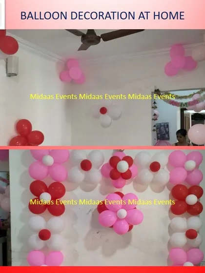 A before-and-after style look at the floral balloon wall decor. It shows how a plain wall can be transformed into a beautiful party backdrop.