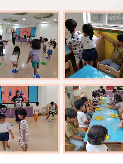This photo collage captures moments of teamwork and social interaction from Day 5. You can see children holding hands in a circle, sharing a snack table, and playing group games.