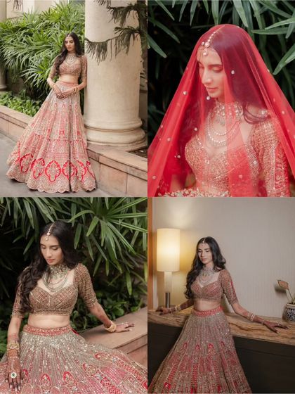 A collage of four stunning bridal portraits, showcasing different angles, expressions, and the beautiful details of her wedding lehenga.
