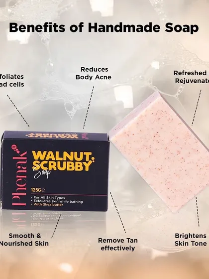 My handmade Walnut Scrubby Soap offers multiple benefits in one bar. It exfoliates dead cells, helps reduce body acne, removes tan effectively, and leaves your skin feeling smooth, nourished, and rejuvenated.