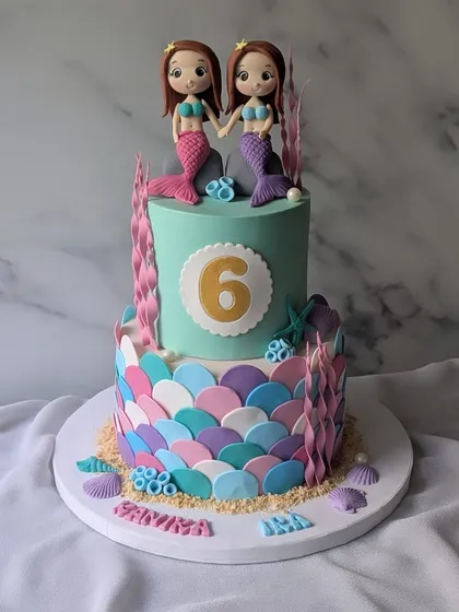 Mermaid beauty for twin girls. This two-tier cake features a beautiful mermaid scale pattern on the bottom tier and two handcrafted mermaid figurines on top.