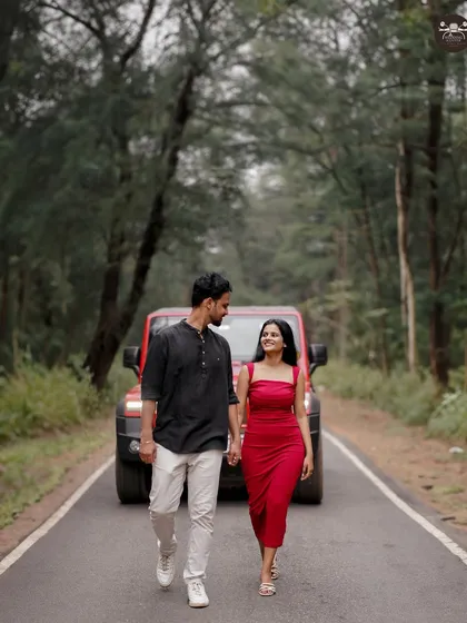 An adventurous couple photoshoot featuring a jeep on a forest road. I am always open to incorporating fun props and themes that reflect your personality, making the shoot feel like a real journey.