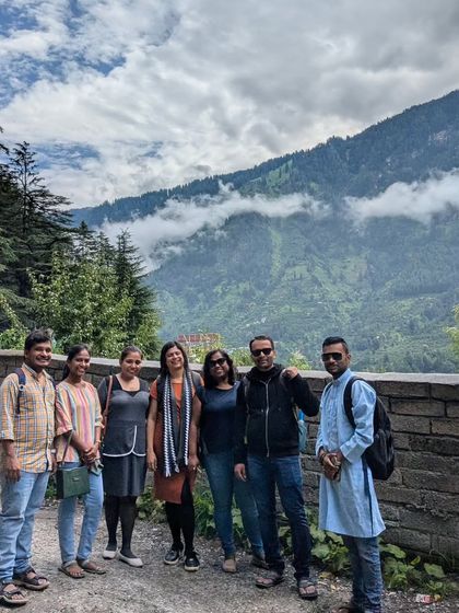 Our group enjoying the mountain views in Manali. The clouds rolling over the peaks create a constantly changing and beautiful scene.