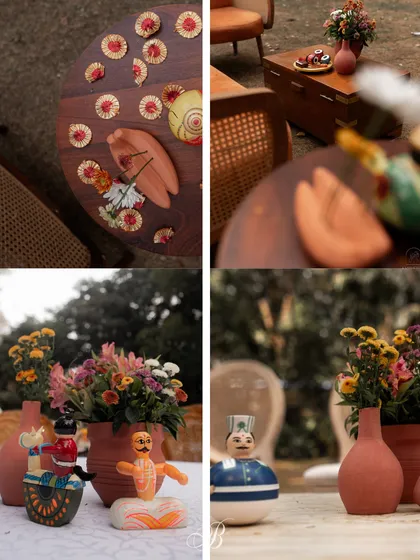 This collage shows how we used terracotta details to add a finishing touch. The terracotta banana agarbatti stands were reimagined as unique centerpieces for tiny blooms, adding an understated elegance.