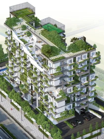 An isometric view of the Urban Nest project. This rendering showcases the volumetric hierarchy of the building, with multiple levels of green spaces and leisure areas designed to promote both individual and collective growth.
