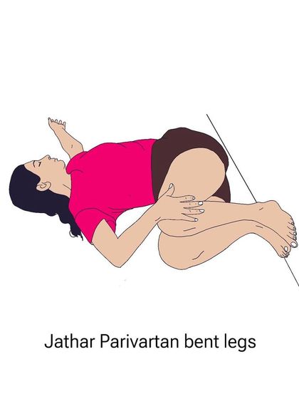 An illustration of Jathar Parivartanasana (Revolved Abdomen Pose) with feet on the wall, a gentle twist for the lumbar spine.