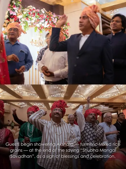 As the verses conclude with "Shubha Mangal Savadhan," guests shower the couple with turmeric-mixed rice grains (Akshata) as a sign of their blessings and joy.