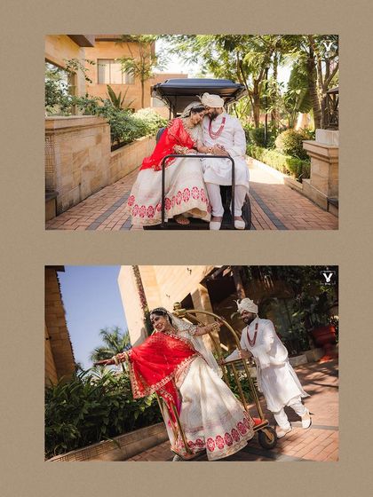 A fun and playful collage of a couple with a luggage cart and a buggy. These shots capture their quirky personalities and the joy of just being themselves on their wedding day.