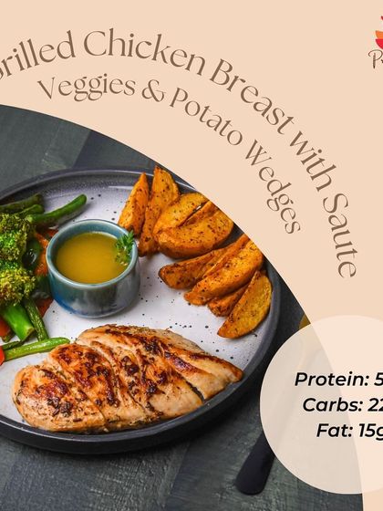 This is our Grilled Chicken Breast platter, a powerhouse of nutrition. With 54g of protein, it includes lean chicken, sautéed veggies, and air-fried potato wedges for a complete post-workout or dinner option.