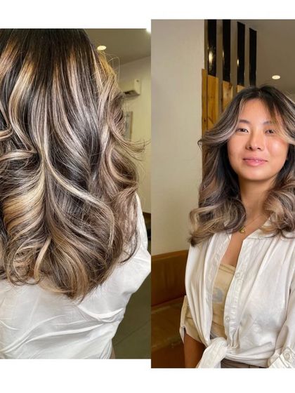 A full view of this stunning balayage with bold, contrasting highlights. The combination of dark and light tones creates a dramatic and stylish look, perfect for someone wanting to make a statement.