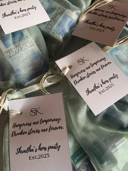 "Hangovers are temporary, drunken stories are forever." These fun, custom-tagged hangover kits are a must-have favor for any bachelorette party.
