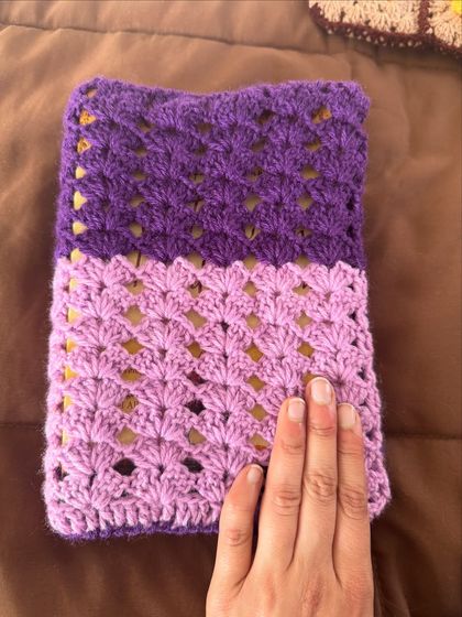 A two-tone purple book cover in a lovely shell stitch. Simple, elegant, and handmade.