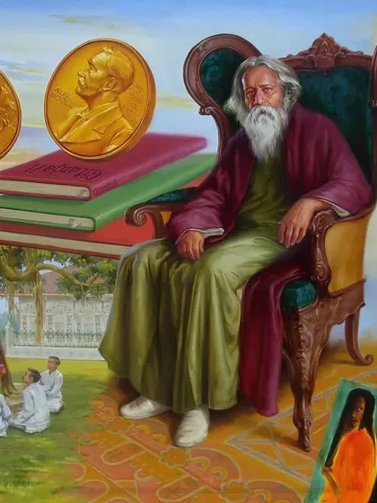 This biographical oil painting of the great Guru Devo Rabindranath Tagore is now in a collection in London. It combines elements of his life, his teachings at Shantiniketan, and his Nobel prize.