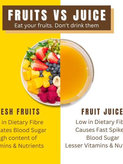 Eat your fruits, don't drink them! This graphic explains why fresh fruits are better than fruit juice, as they are rich in dietary fiber and regulate blood sugar more effectively.