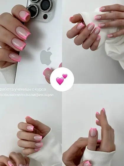 A collage showcasing a beautiful set of pink French tip nails from different angles.