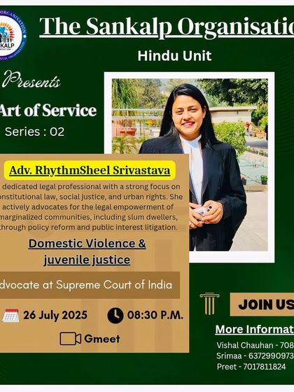 I was honored to be invited as a guest speaker by The Sankalp Organisation. I spoke on the important topics of Domestic Violence and Juvenile Justice, sharing my legal expertise with a wider audience.