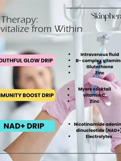 True radiance starts from within. I offer a range of doctor-formulated IV therapies to revitalize your body at a cellular level. This chart details some of my most popular drips, including the Youthful Glow Drip and the Immunity Boost Drip, designed to enhance your health and beauty.