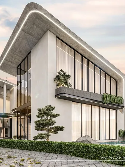 This render shows another concept for the Goa project, featuring angled, floor-to-ceiling glass walls and a floating roofline that emphasizes lightness and a connection to the outdoors.